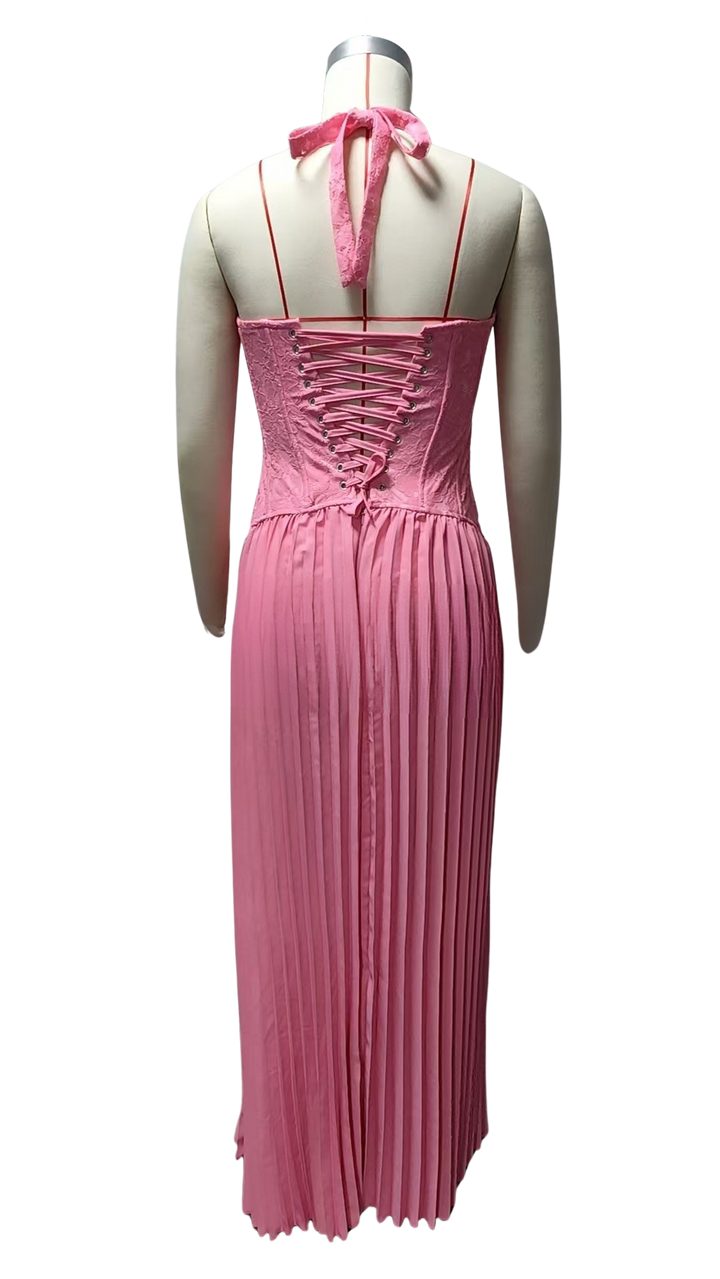 Pleated maxi dress with a lace design, back tie, and waist fastening - MELIA