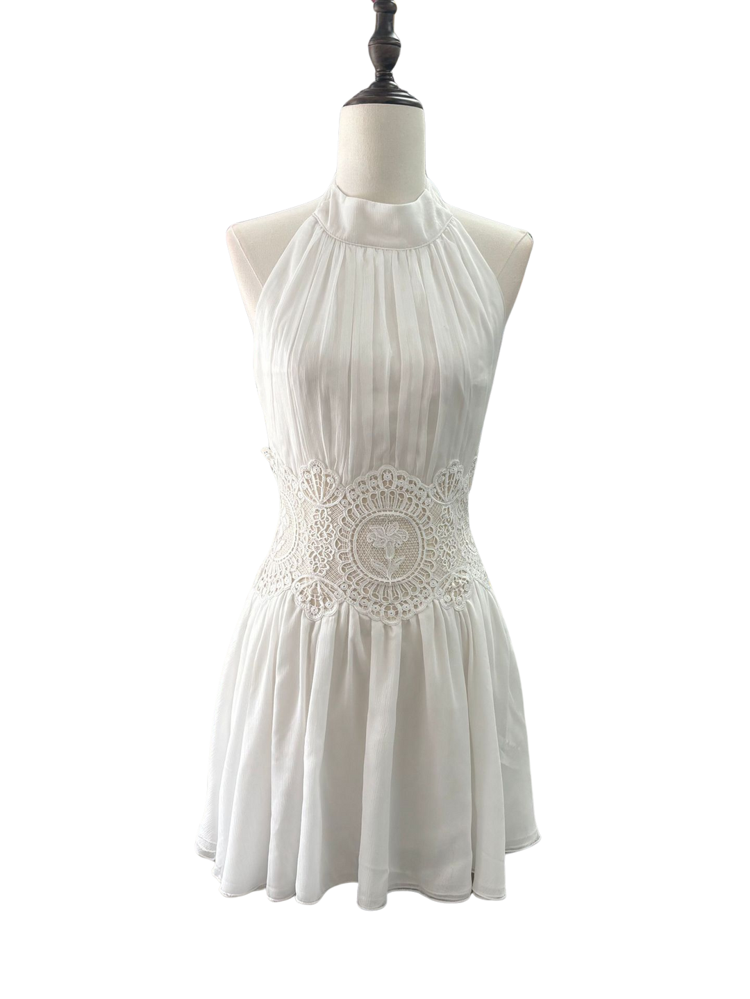 Opera - Ruffled chiffon mini dress with a halter tie, open back, and embroidered design