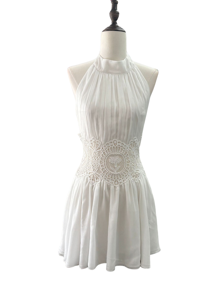 Opera - Ruffled chiffon mini dress with a halter tie, open back, and embroidered design