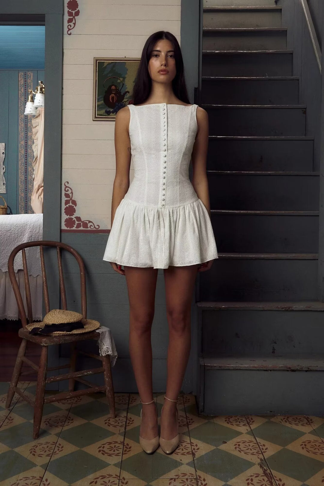 Mini Dress with Embroidery and Button Detail - Shaked