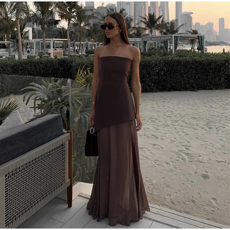 Strapless Maxi Dress with Chiffon Bottom, Slit Design, and Matching Scarf Detail - Princess