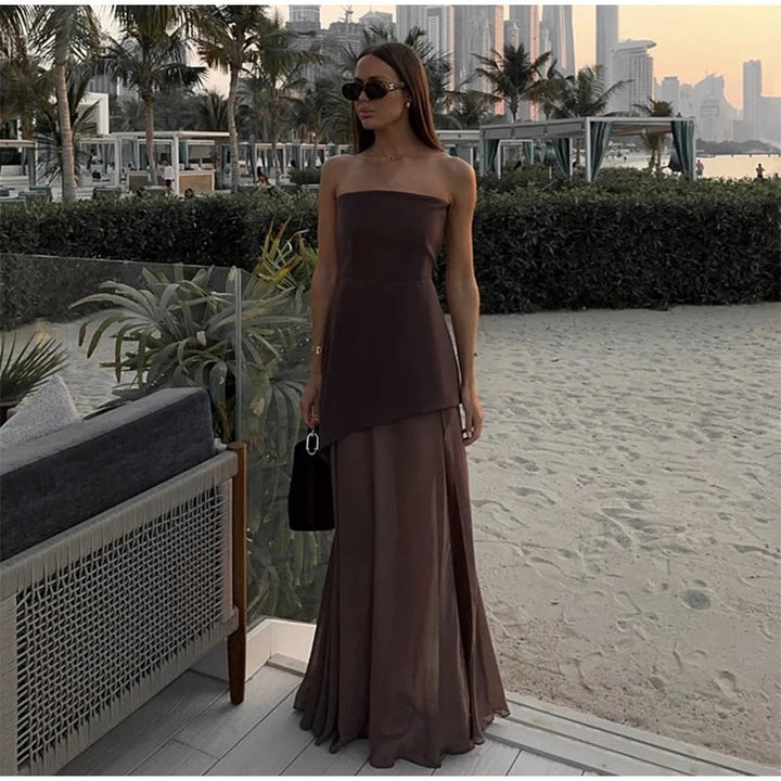 Strapless Maxi Dress with Chiffon Bottom, Slit Design, and Matching Scarf Detail - Princess