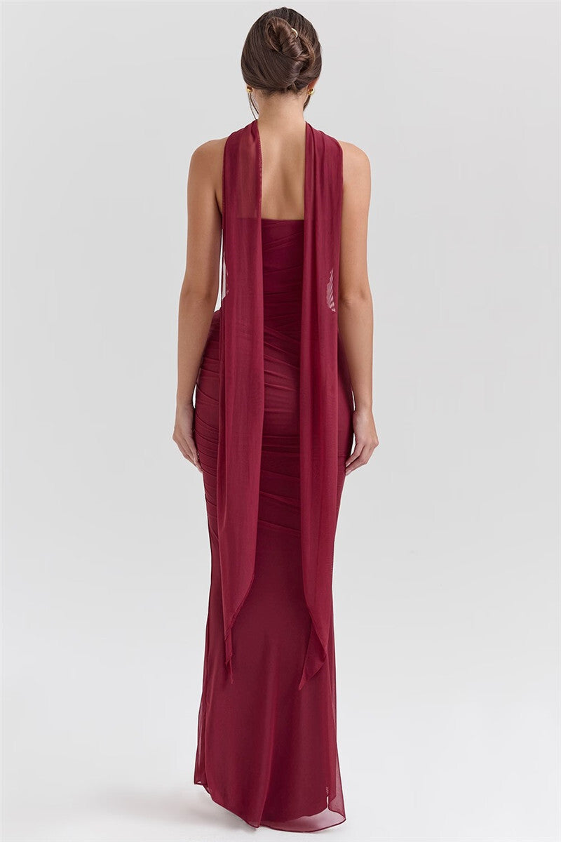Two-Piece Set with Strapless Top and Maxi Skirt with Matching Scarf Detail - Francia