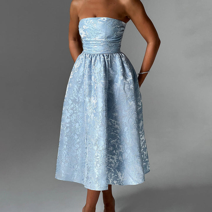 Midi Strapless A-Line Dress with Open Back and Floral Embroidery Detail - Flora
