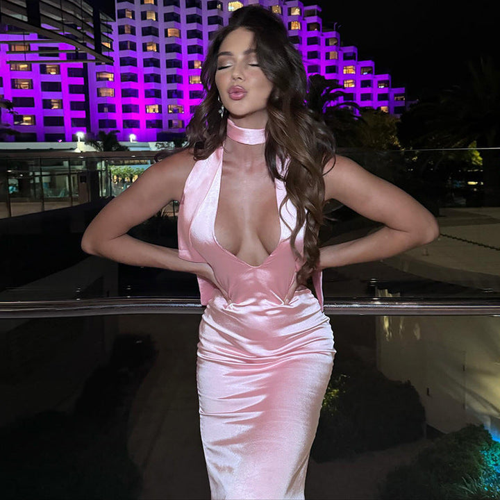 Satin Dress with Deep Neckline and Neck Tie - Paulina