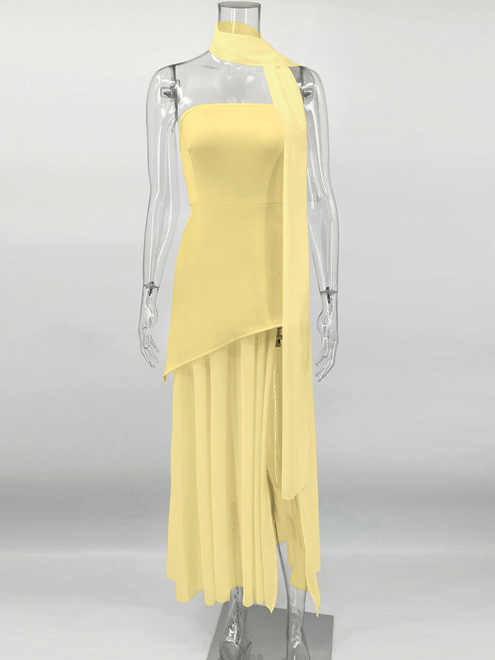 Strapless Maxi Dress with Chiffon Bottom, Slit Design, and Matching Scarf Detail - Princess