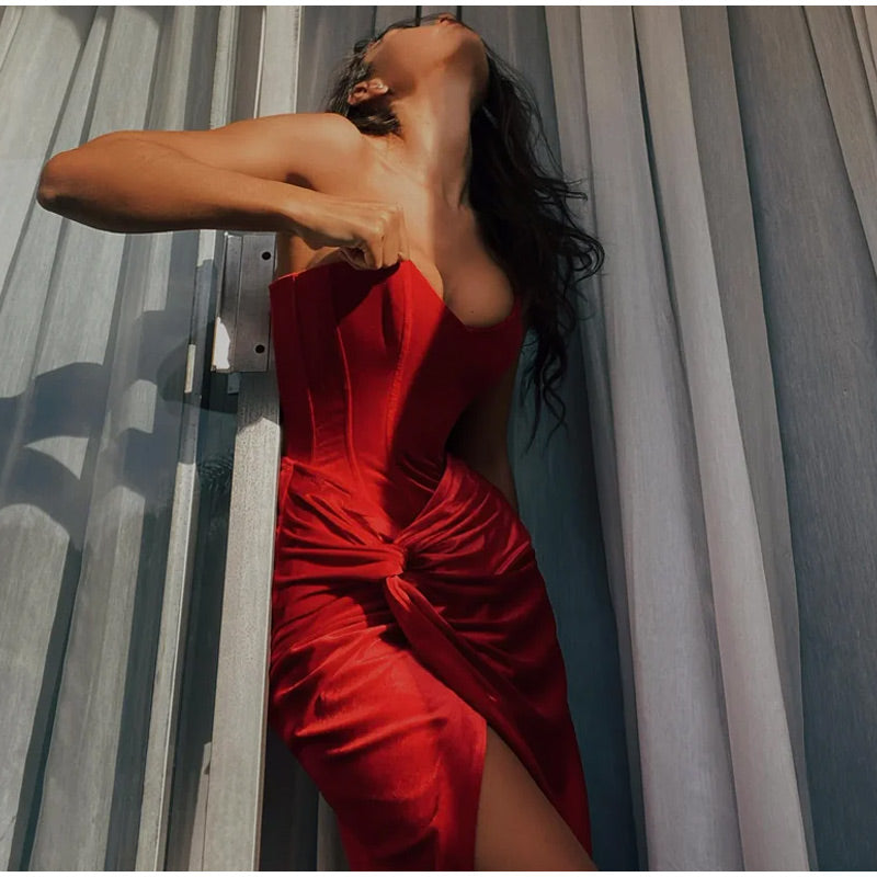 Velvet Strapless Maxi Dress with Corset Design, Back Tie, Waist Cinch, and Slit Detail - London
