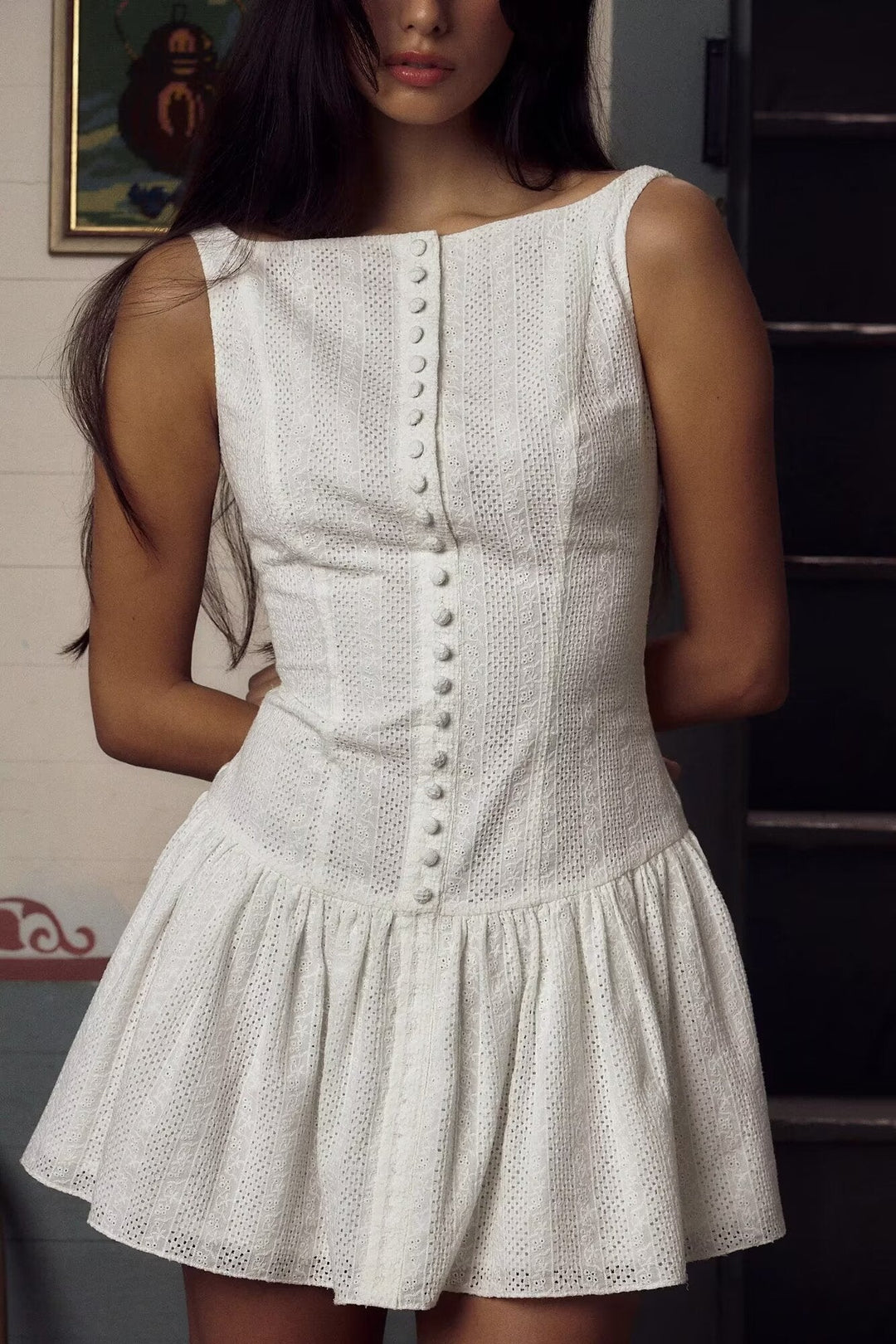 Mini Dress with Embroidery and Button Detail - Shaked