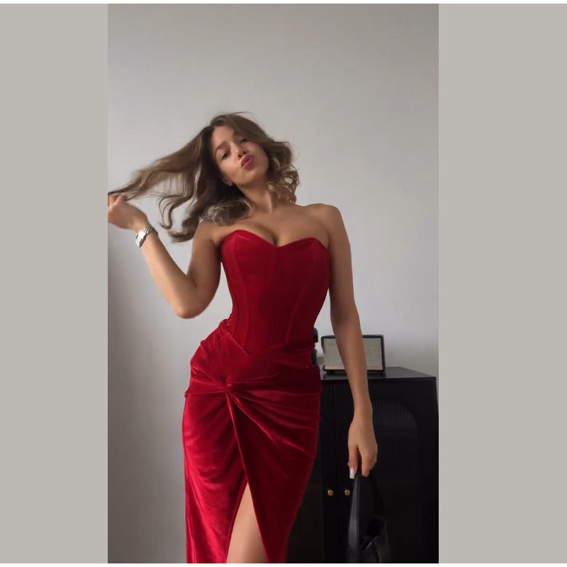 Velvet Strapless Maxi Dress with Corset Design, Back Tie, Waist Cinch, and Slit Detail - London