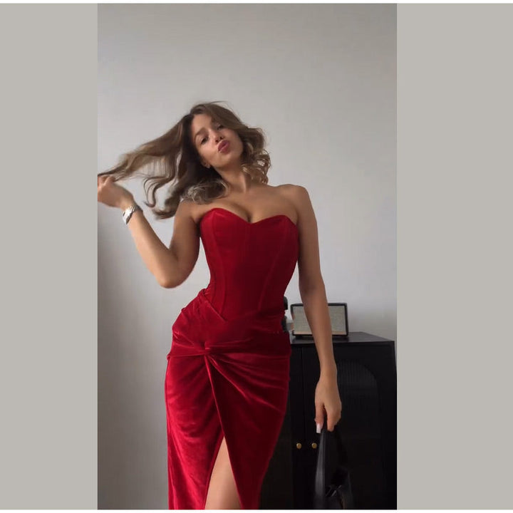 Velvet Strapless Maxi Dress with Corset Design, Back Tie, Waist Cinch, and Slit Detail - London