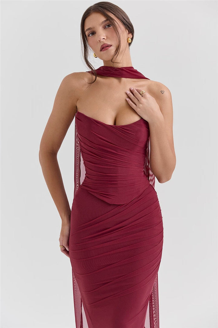 Two-Piece Set with Strapless Top and Maxi Skirt with Matching Scarf Detail - Francia
