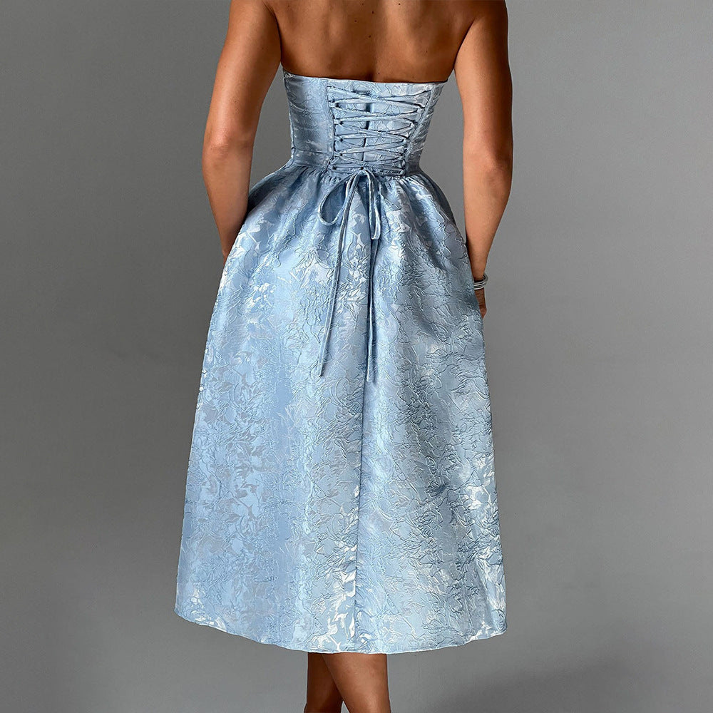 Midi Strapless A-Line Dress with Open Back and Floral Embroidery Detail - Flora