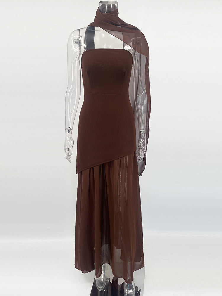 Strapless Maxi Dress with Chiffon Bottom, Slit Design, and Matching Scarf Detail - Princess