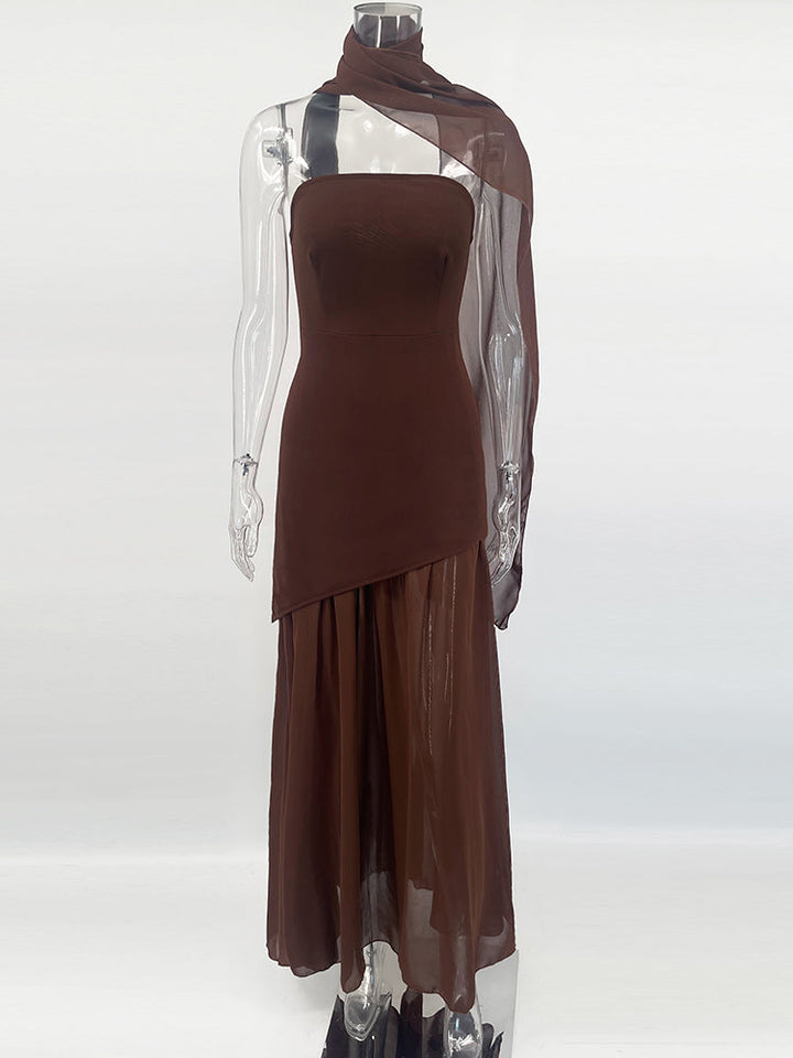 Strapless Maxi Dress with Chiffon Bottom, Slit Design, and Matching Scarf Detail - Princess