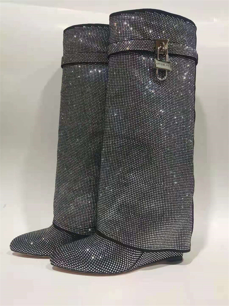 High Heel Boots with Glitter Studs and Lock Detail - Bailey