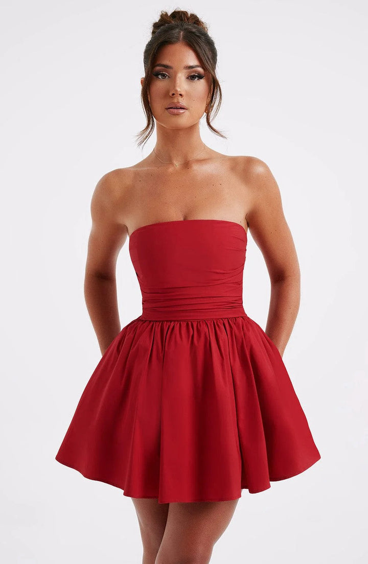 A-Line Strapless Mini Dress with Bow Tie Back - Arbel