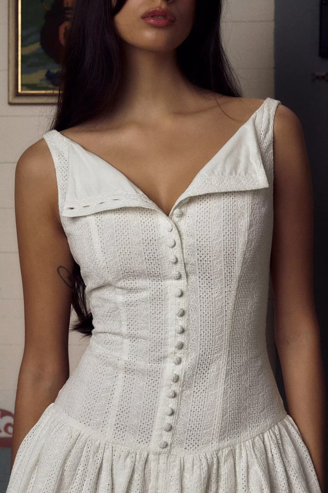 Mini Dress with Embroidery and Button Detail - Shaked