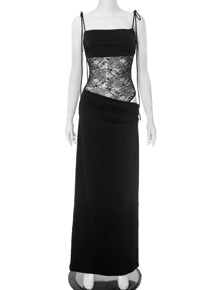 Elegant Maxi Dress with Lace and Tie Straps - Indigo