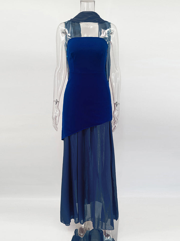 Strapless Maxi Dress with Chiffon Bottom, Slit Design, and Matching Scarf Detail - Princess