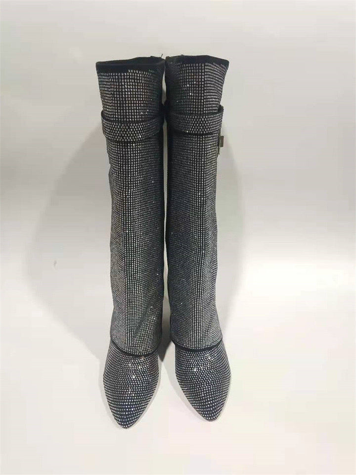 High Heel Boots with Glitter Studs and Lock Detail - Bailey