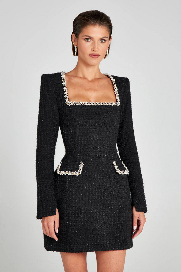 Elegant Mini Dress with Short/Long Sleeves, Tailored Style, Woven Fabric with Sequin and Pearl Embellishment - Lucia