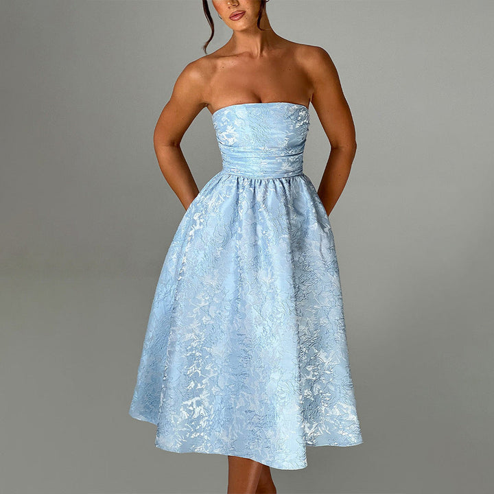 Midi Strapless A-Line Dress with Open Back and Floral Embroidery Detail - Flora