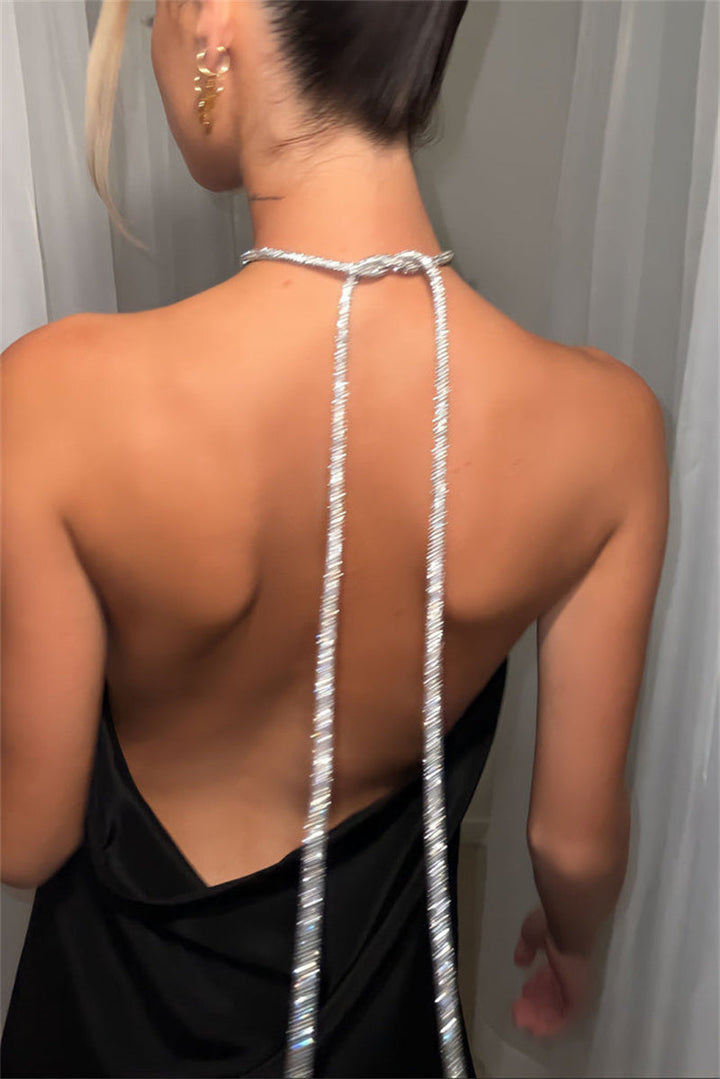 Satin mini dress with sparkling sequin threads tied at neck - Colin
