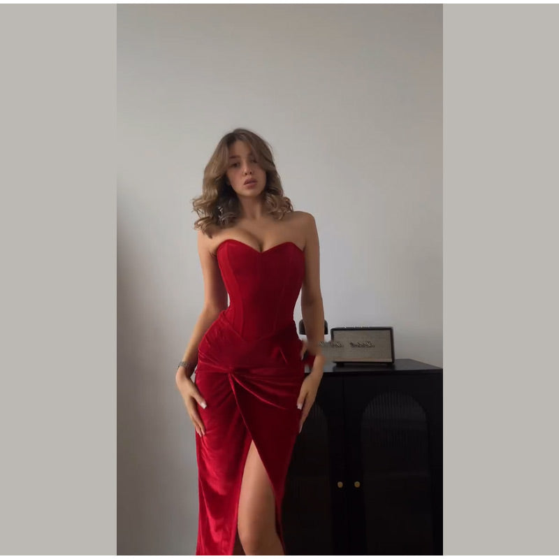 Velvet Strapless Maxi Dress with Corset Design, Back Tie, Waist Cinch, and Slit Detail - London