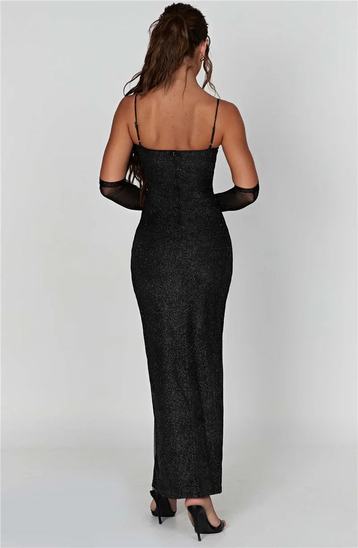 Sequin Maxi Dress with Slit and Glove Detail - Daphne