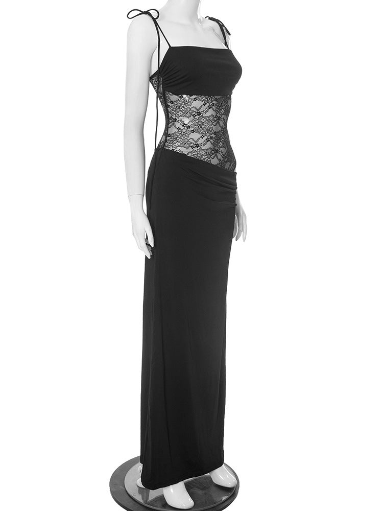 Elegant Maxi Dress with Lace and Tie Straps - Indigo