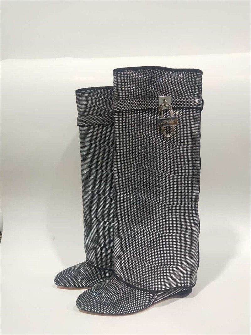 High Heel Boots with Glitter Studs and Lock Detail - Bailey