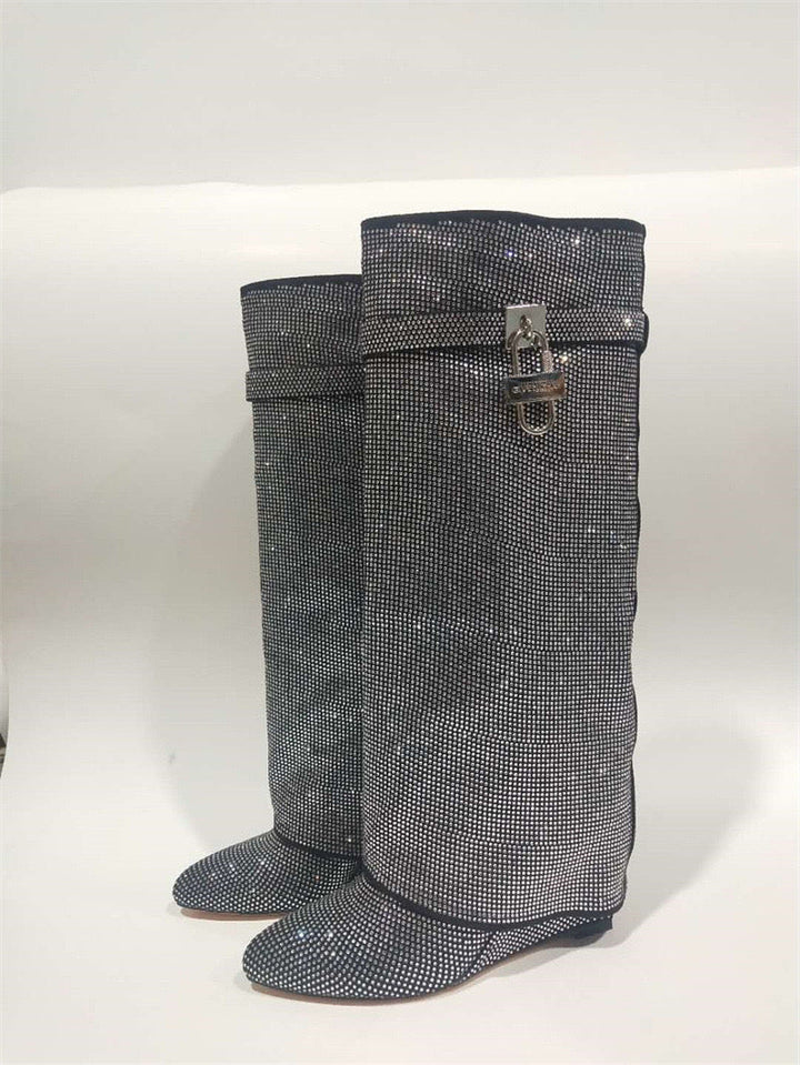 High Heel Boots with Glitter Studs and Lock Detail - Bailey