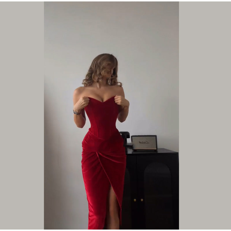 Velvet Strapless Maxi Dress with Corset Design, Back Tie, Waist Cinch, and Slit Detail - London