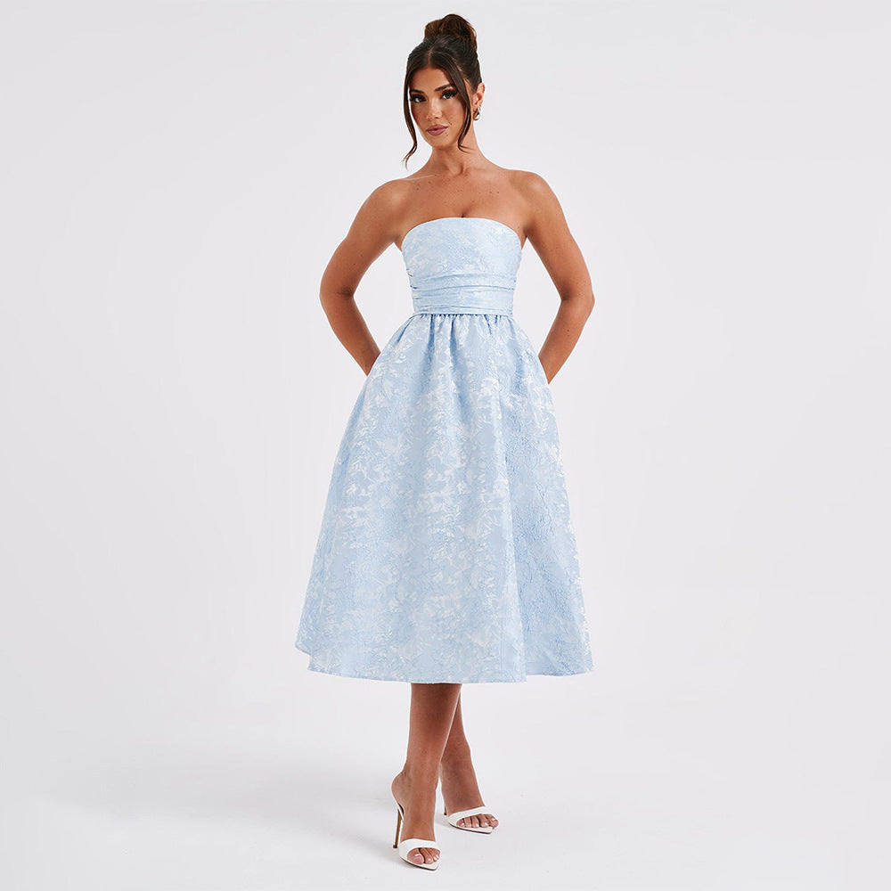 Midi Strapless A-Line Dress with Open Back and Floral Embroidery Detail - Flora