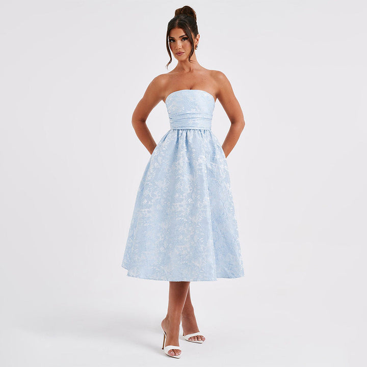 Midi Strapless A-Line Dress with Open Back and Floral Embroidery Detail - Flora