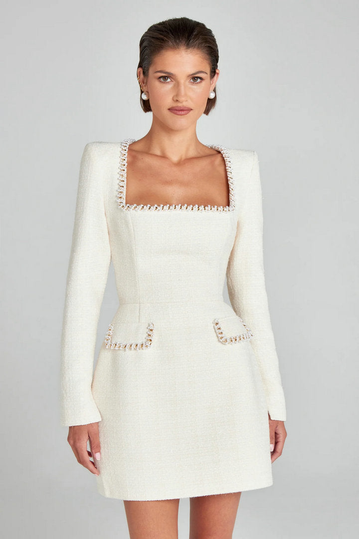 Elegant Mini Dress with Short/Long Sleeves, Tailored Style, Woven Fabric with Sequin and Pearl Embellishment - Lucia