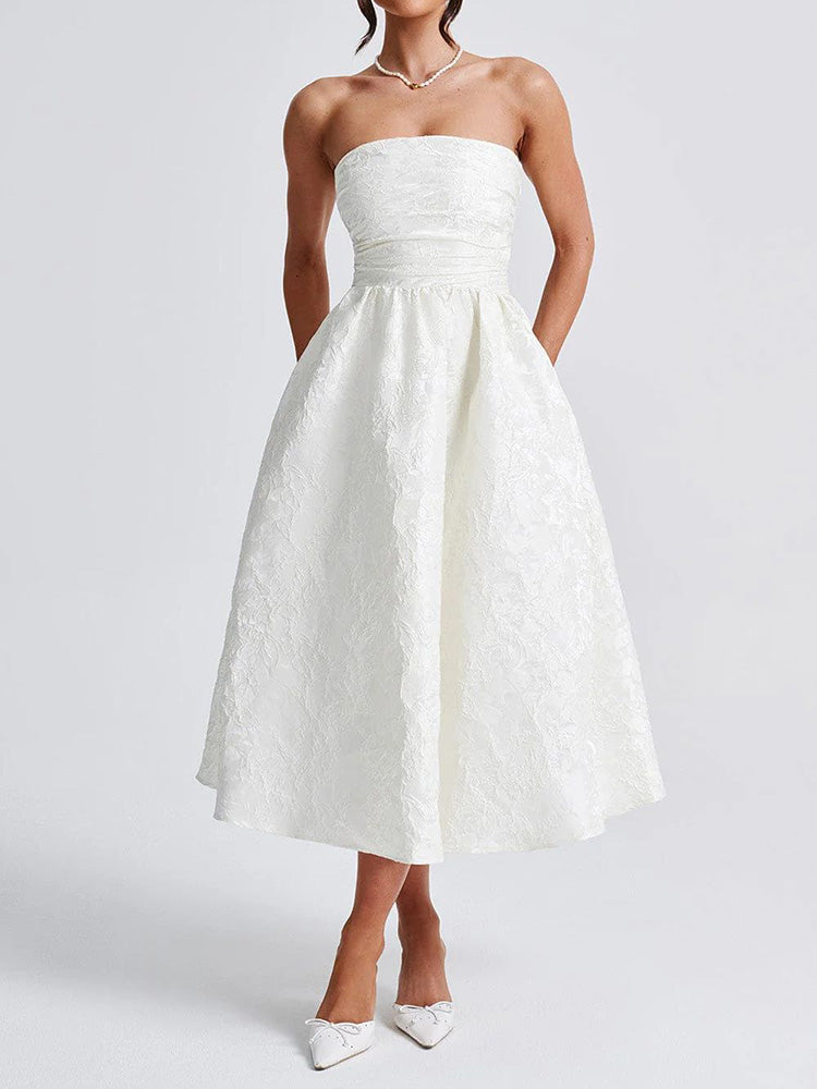Midi Strapless A-Line Dress with Open Back and Floral Embroidery Detail - Flora