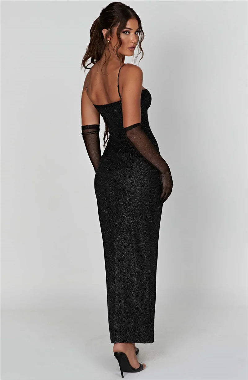 Sequin Maxi Dress with Slit and Glove Detail - Daphne