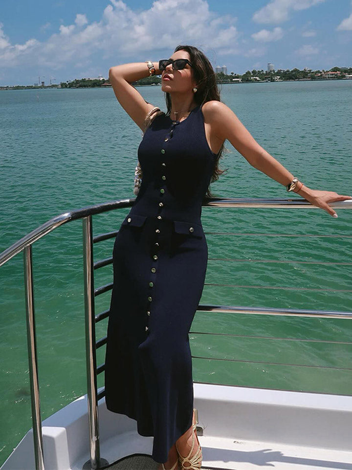 Elegant Knitted Midi Dress with Button Decoration and Small Slit - Pierre