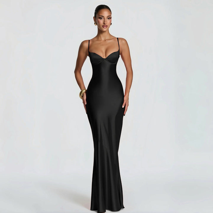 Alaia satin maxi dress with a back tie and waist-cinching design
