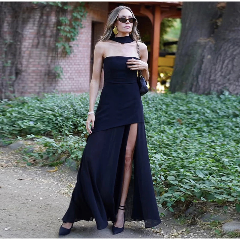 Strapless Maxi Dress with Chiffon Bottom, Slit Design, and Matching Scarf Detail - Princess