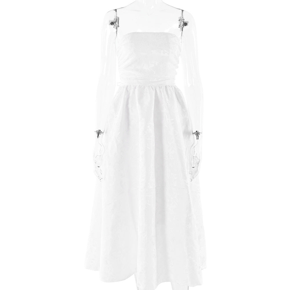 Midi Strapless A-Line Dress with Open Back and Floral Embroidery Detail - Flora