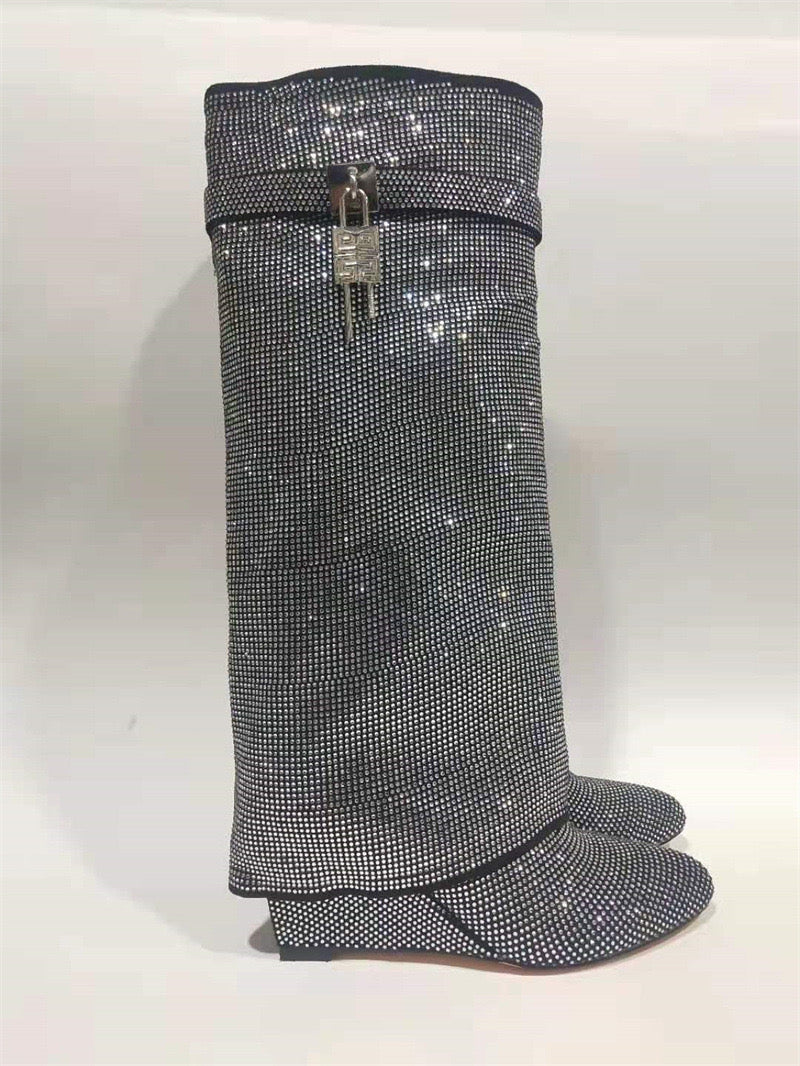 High Heel Boots with Glitter Studs and Lock Detail - Bailey