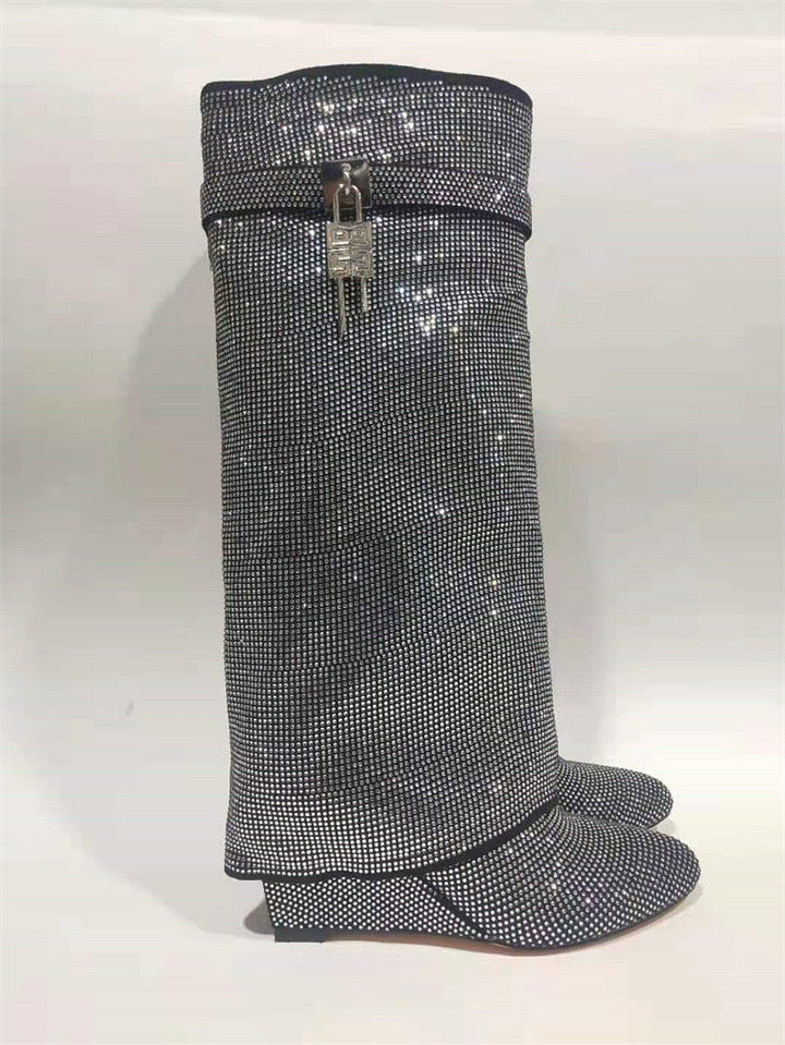 High Heel Boots with Glitter Studs and Lock Detail - Bailey