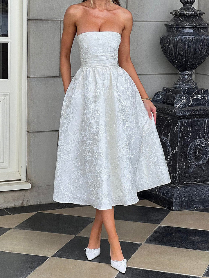 Midi Strapless A-Line Dress with Open Back and Floral Embroidery Detail - Flora