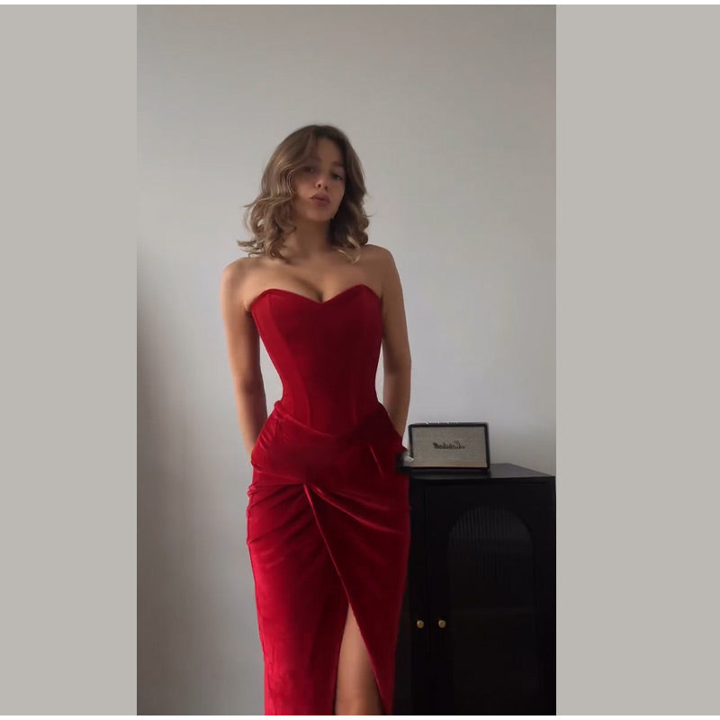 Velvet Strapless Maxi Dress with Corset Design, Back Tie, Waist Cinch, and Slit Detail - London