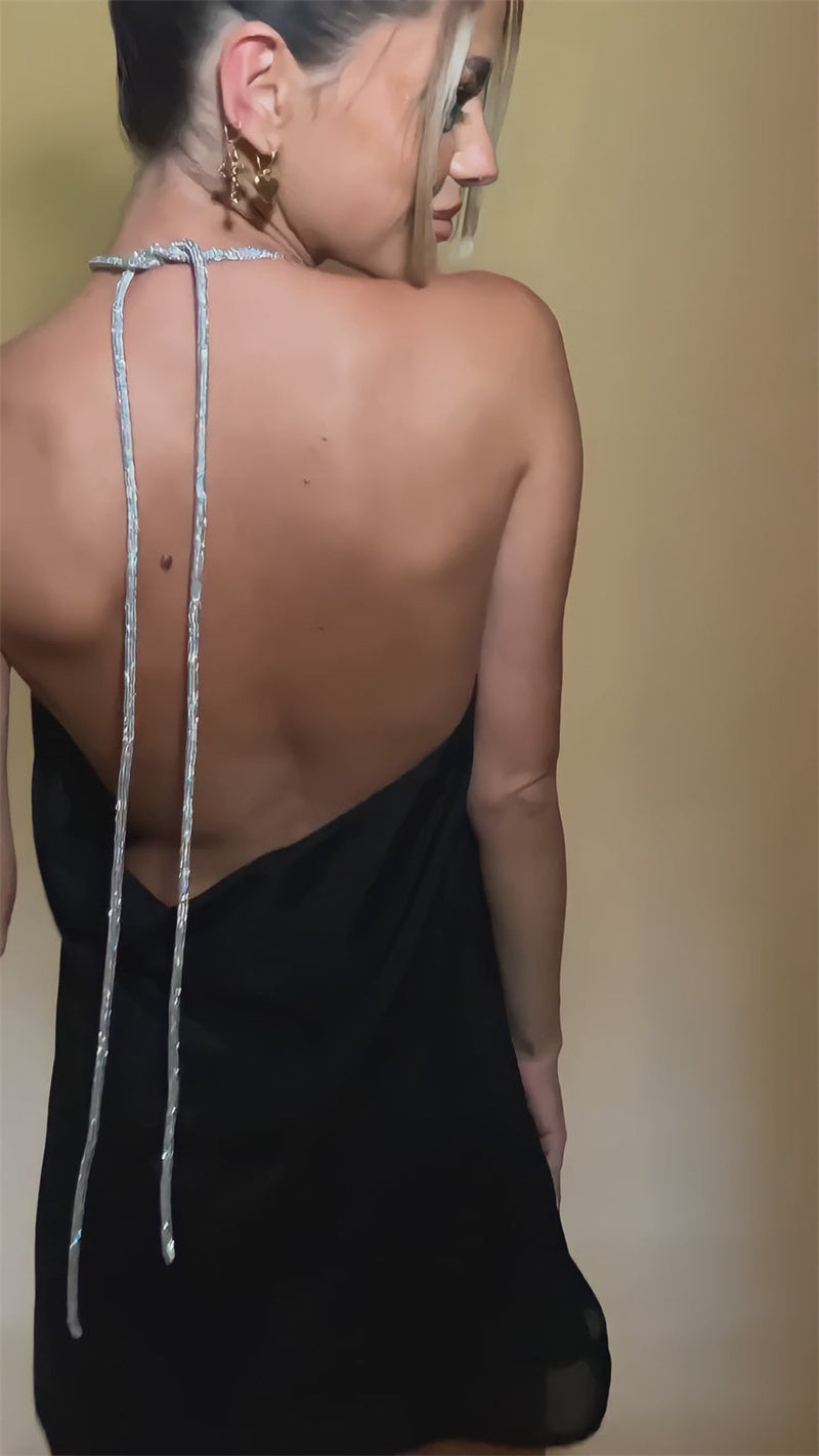 Satin mini dress with sparkling sequin threads tied at neck - Colin