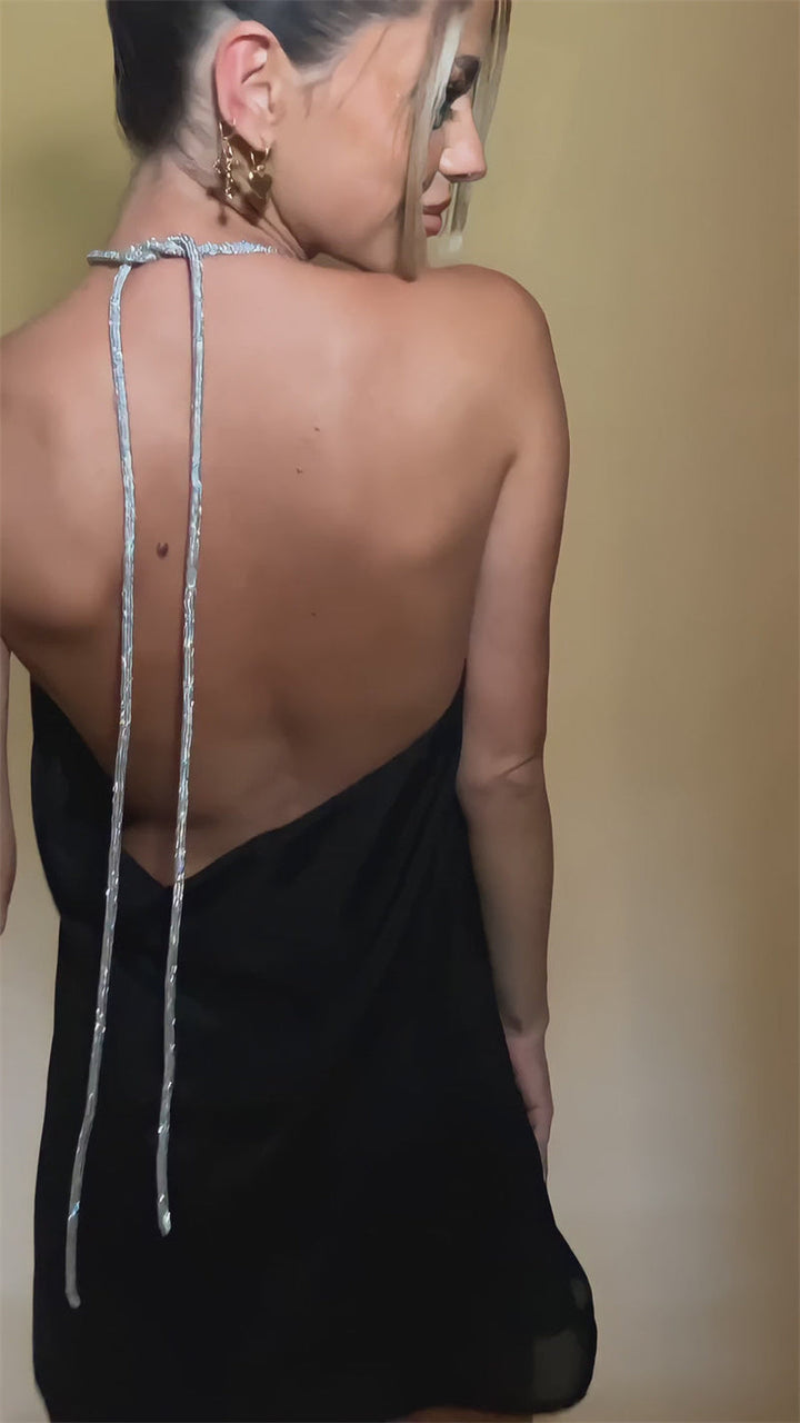 Satin mini dress with sparkling sequin threads tied at neck - Colin