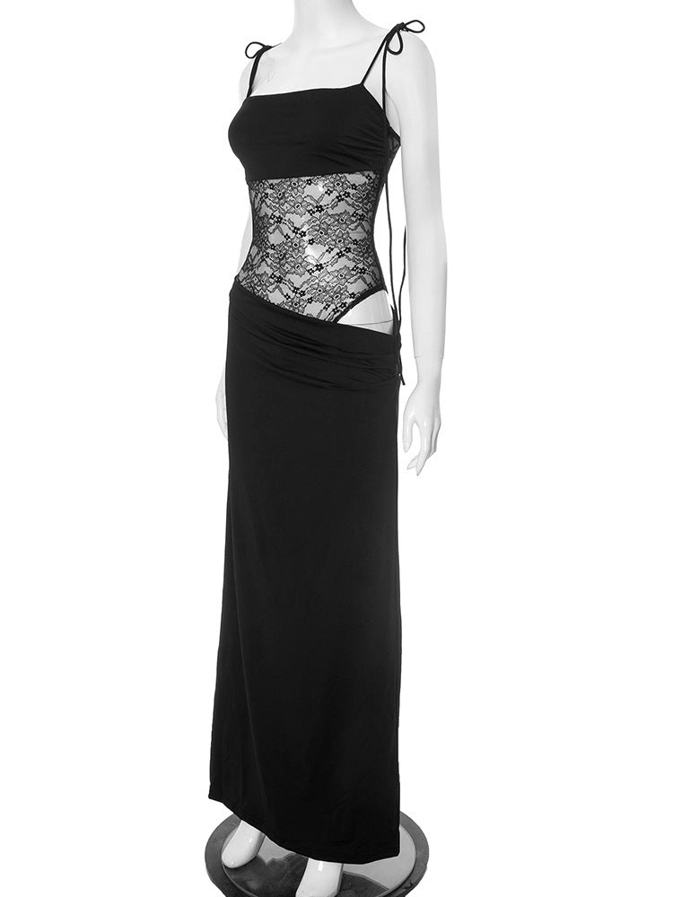 Elegant Maxi Dress with Lace and Tie Straps - Indigo