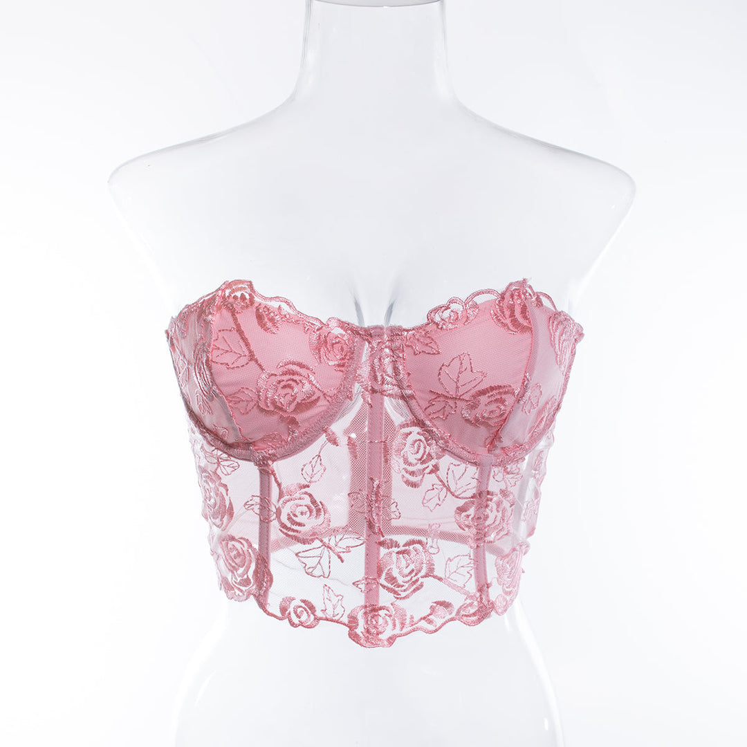 Strapless Mesh Top with Floral Embroidery - Noya Lee